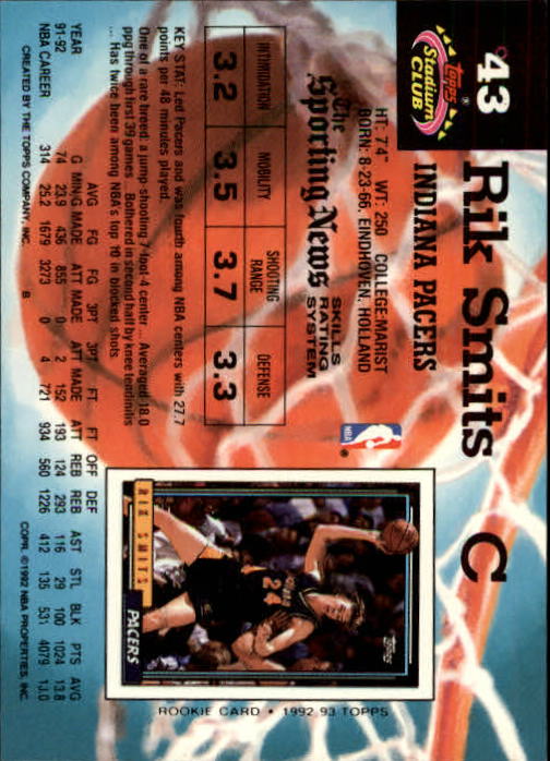 1992-93 Stadium Club Members Only Parallel #43 Rik Smits back image