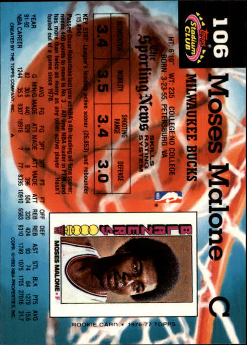 1992-93 Stadium Club Members Only Parallel #106 Moses Malone UER/(Rookie Card is 1975-76, not 1976-77) back image