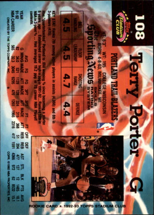 1992-93 Stadium Club Members Only Parallel #108 Terry Porter back image