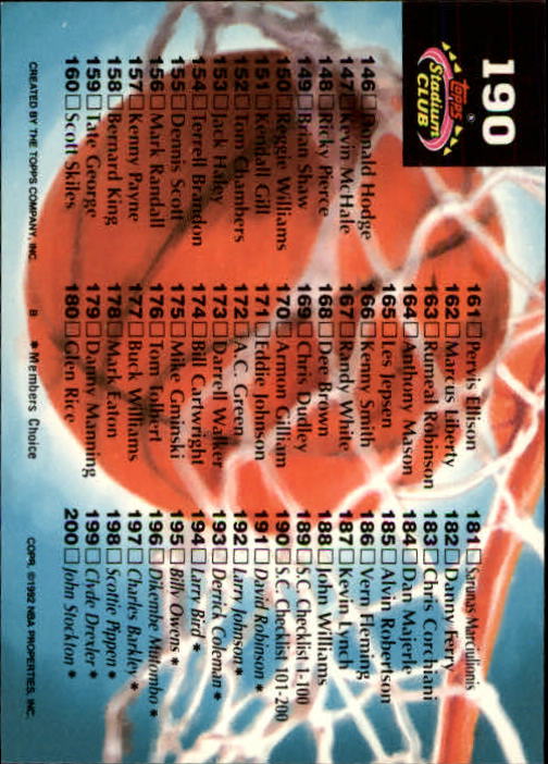 1992-93 Stadium Club Members Only Parallel #190 Checklist 101-200 back image