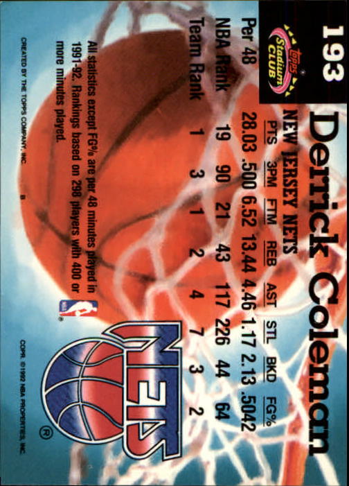 1992-93 Stadium Club Members Only Parallel #193 Derrick Coleman MC back image
