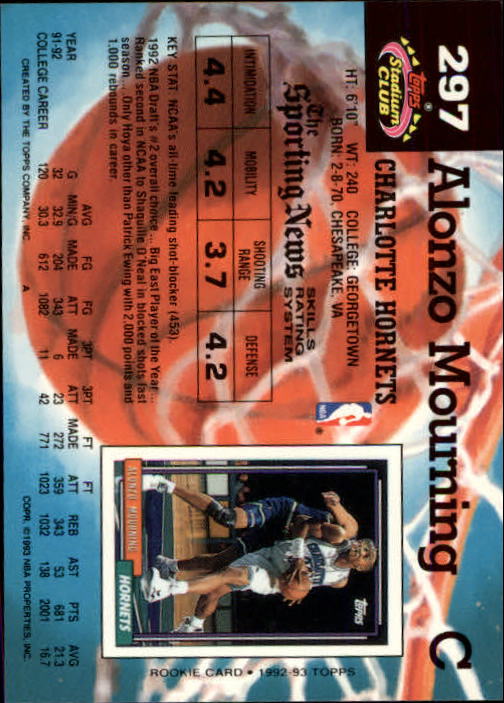 1992-93 Stadium Club Members Only Parallel #297 Alonzo Mourning back image