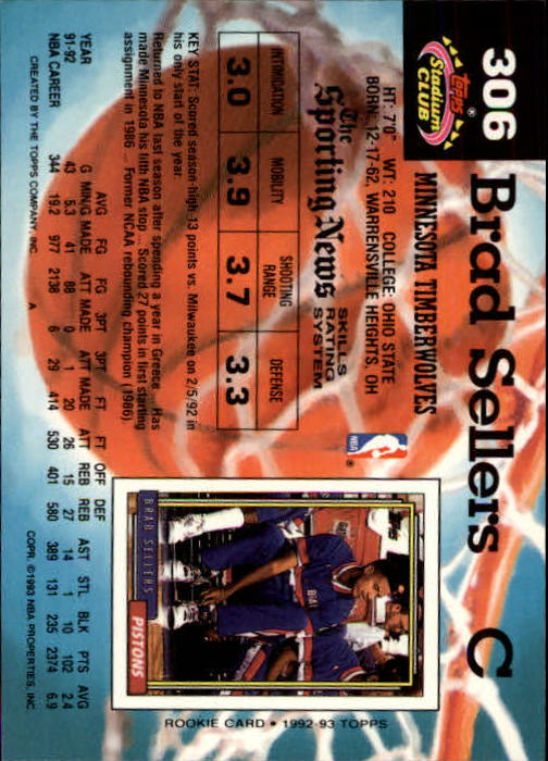 1992-93 Stadium Club Members Only Parallel #306 Brad Sellers back image