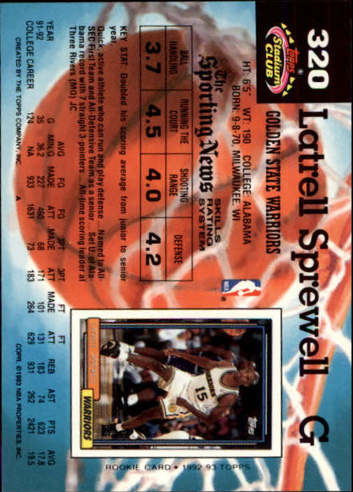 1992-93 Stadium Club Members Only Parallel #320 Latrell Sprewell back image