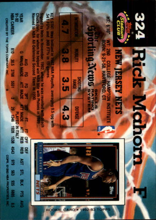 1992-93 Stadium Club Members Only Parallel #324 Rick Mahorn UER/(Rookie Card is 1981-82, not 1992-93) back image