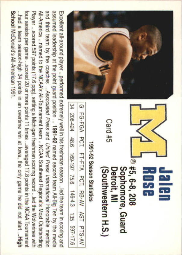 1992-93 Michigan #5 Jalen Rose back image