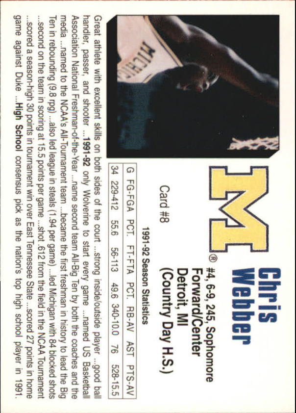 1992-93 Michigan #8 Chris Webber back image