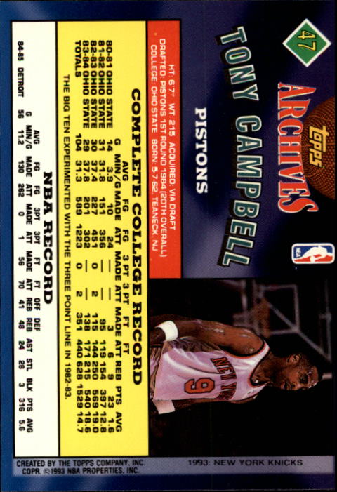 1992-93 Topps Archives #47 Tony Campbell back image