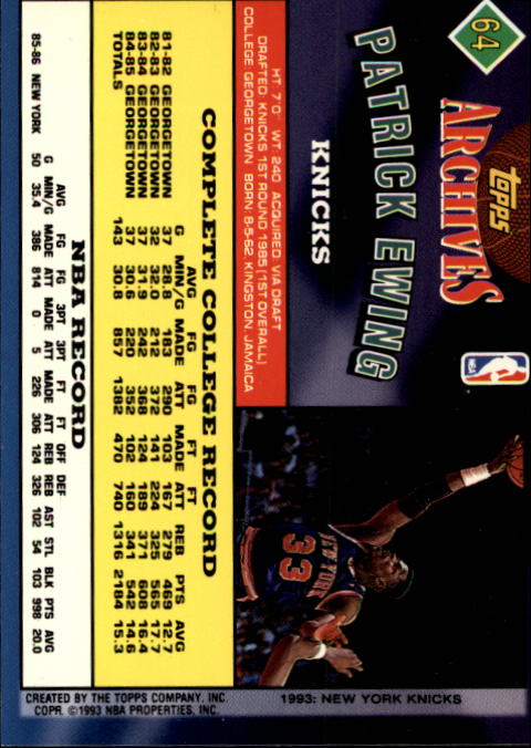 New York Knicks 1993 Topps Archives #64 Patrick Ewing Basketball Card