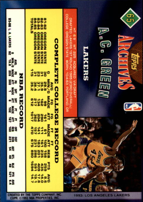 1992-93 Topps Archives #65 A.C. Green back image