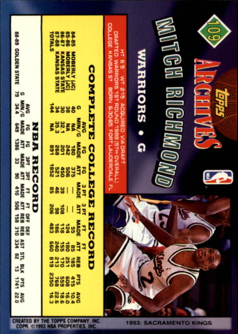 1992-93 Topps Archives #109 Mitch Richmond UER/(Tim Hardaway pictured on front) back image