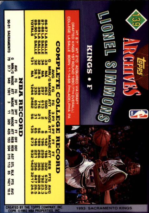 1992-93 Topps Archives #139 Lionel Simmons back image