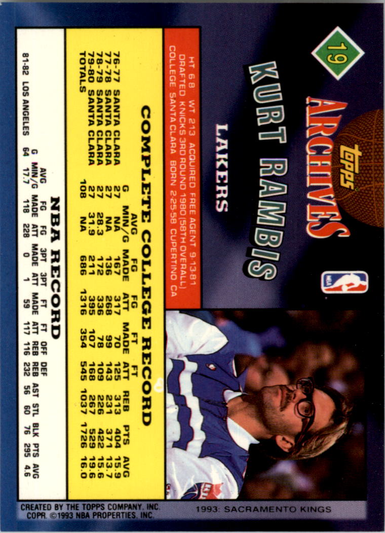 1992-93 Topps Archives Gold #19G Kurt Rambis back image