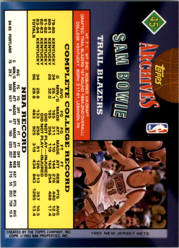 1992-93 Topps Archives Gold #45G Sam Bowie back image