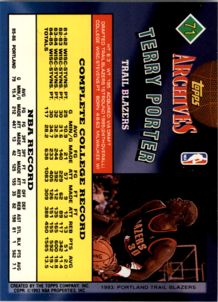 1992-93 Topps Archives Gold #71G Terry Porter back image