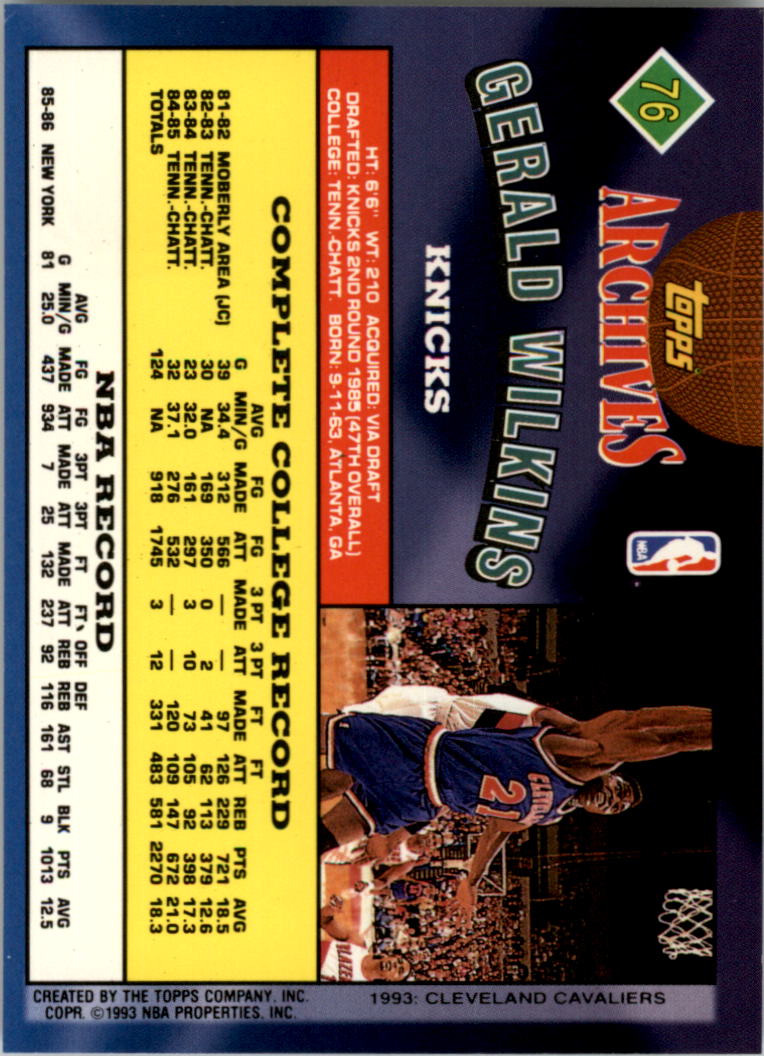 1992-93 Topps Archives Gold #76G Gerald Wilkins back image