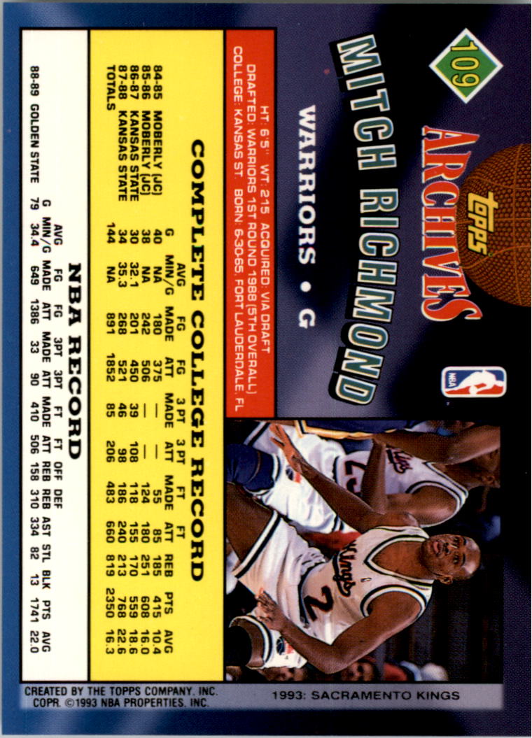 1992-93 Topps Archives Gold #109G Mitch Richmond UER/(Tim Hardaway pictured on front) back image