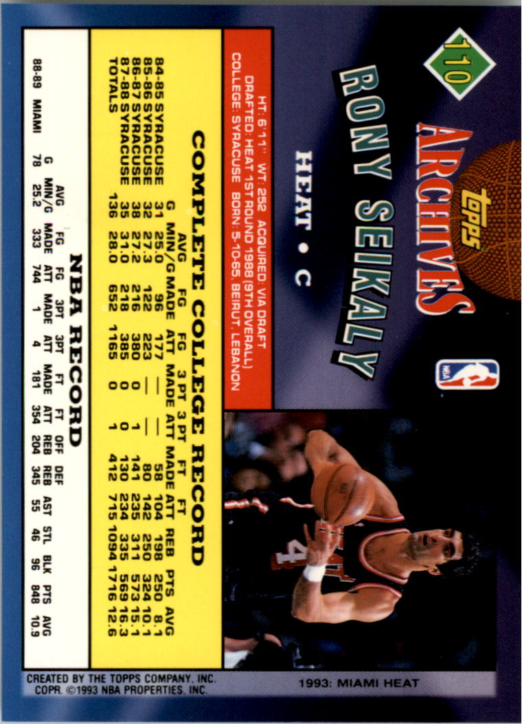 1992-93 Topps Archives Gold #110G Rony Seikaly back image