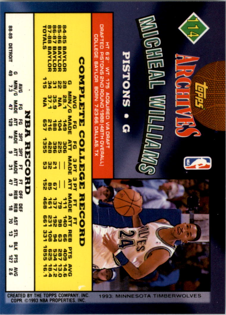 1992-93 Topps Archives Gold #114G Micheal Williams back image