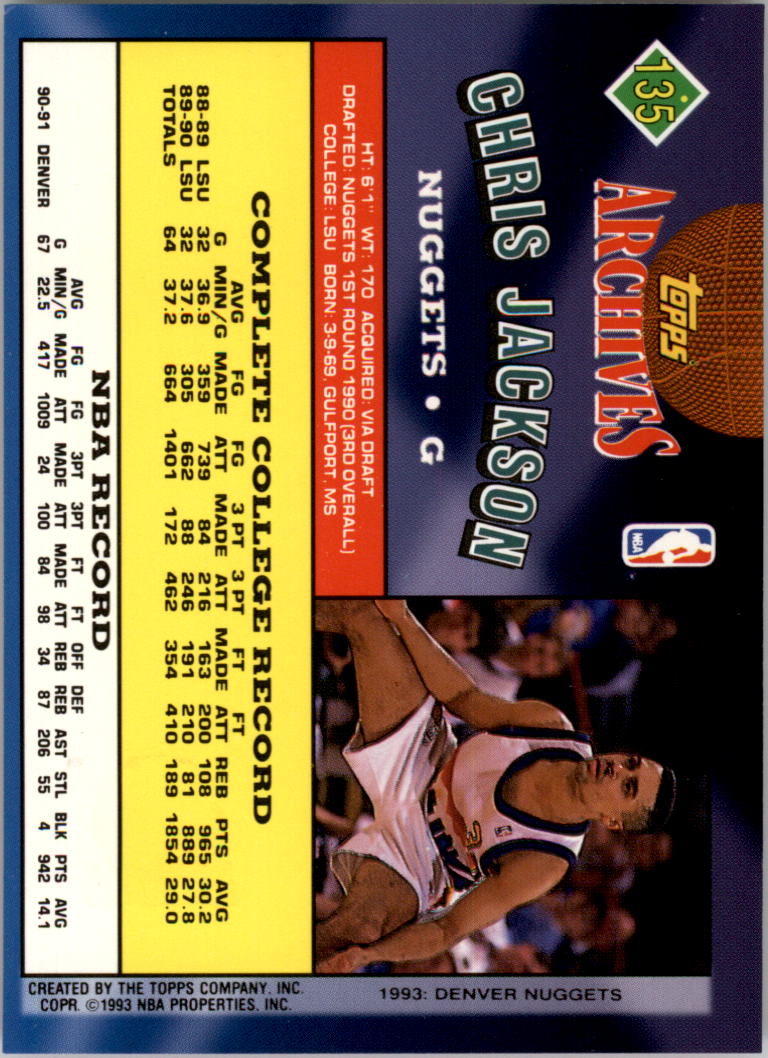 1992-93 Topps Archives Gold #135G Chris Jackson back image