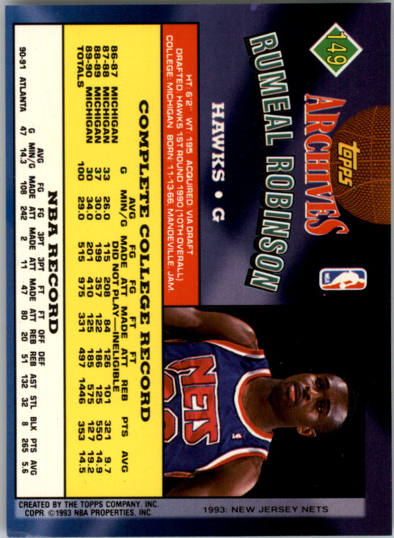 1992-93 Topps Archives Gold #149G Rumeal Robinson back image