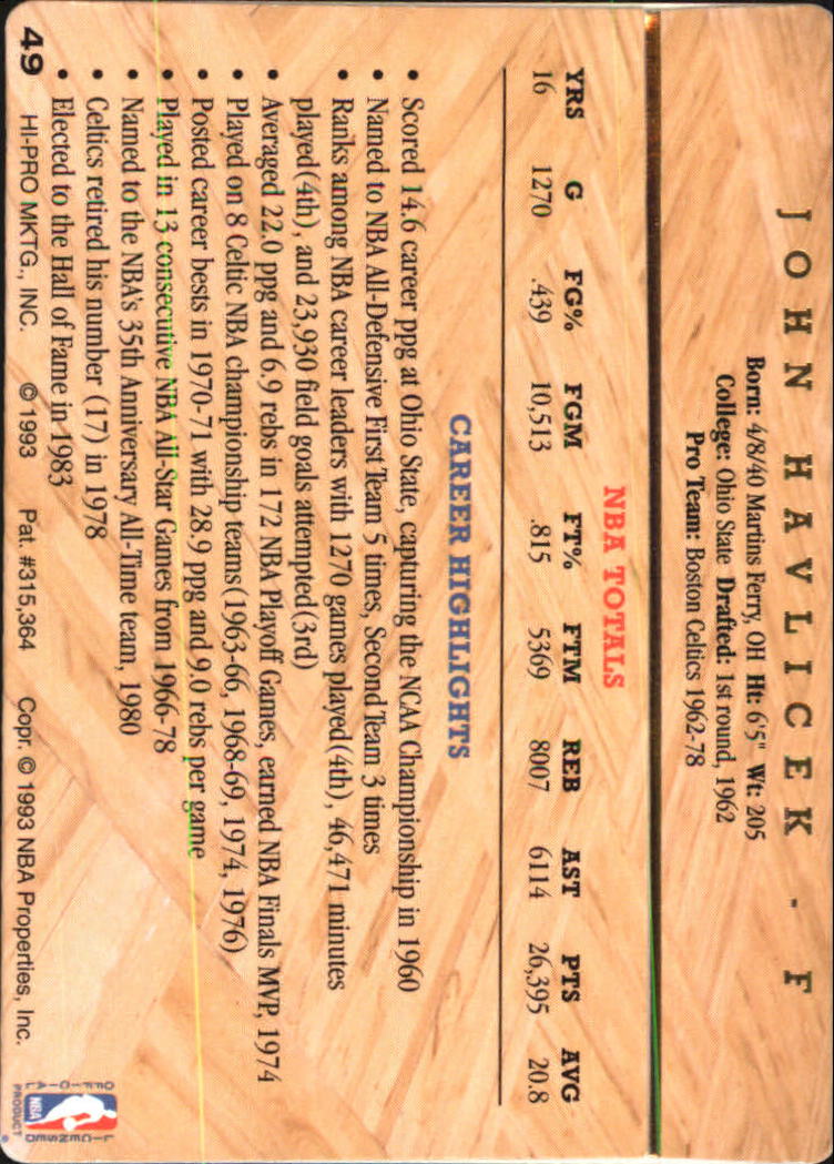1993 Action Packed Hall of Fame #49 John Havlicek back image