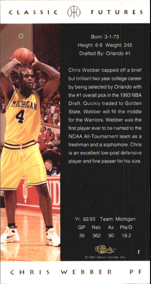 1993 Classic Futures #1 Chris Webber back image