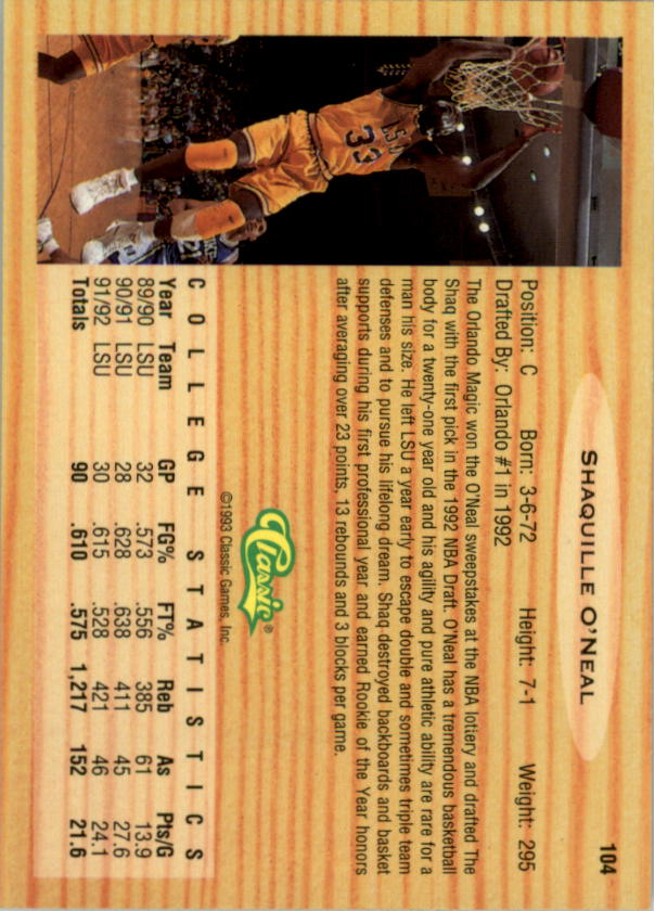 1993 Classic #104 Shaquille O'Neal FLB back image