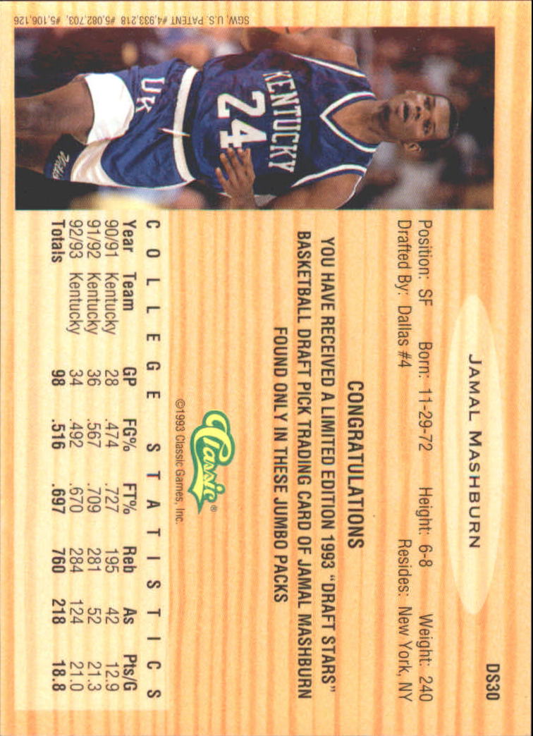 1993 Classic Chromium Draft Stars #DS30 Jamal Mashburn back image