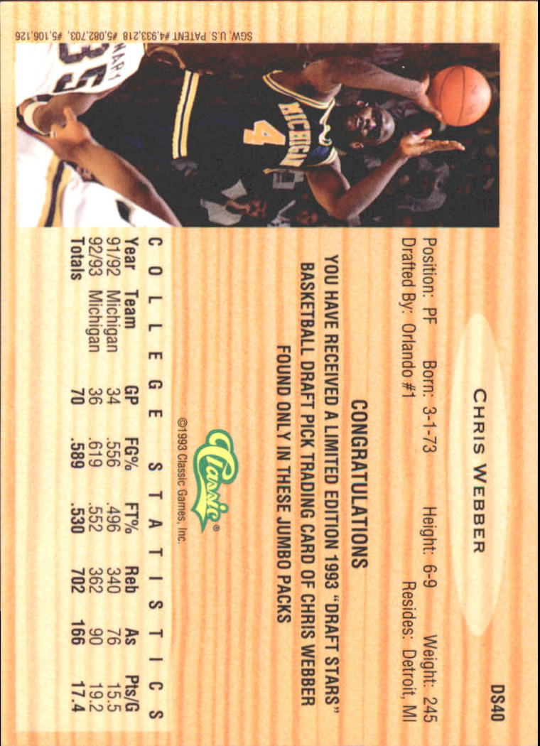 1993 Classic Chromium Draft Stars #DS40 Chris Webber back image