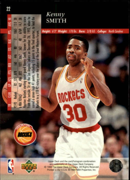 1993-94 Upper Deck SE #22 Kenny Smith back image