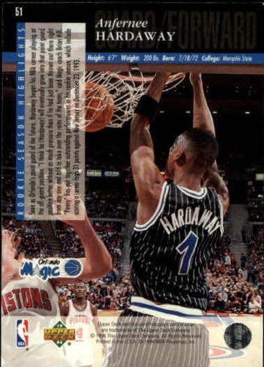 1993-94 Upper Deck SE #51 Anfernee Hardaway RC back image