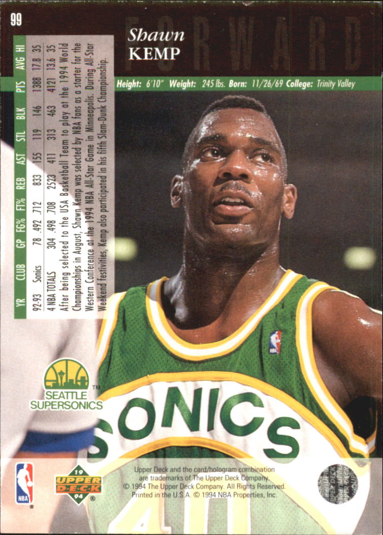 1993-94 Upper Deck SE Seattle Supersonics Basketball Card #99 Shawn Kemp