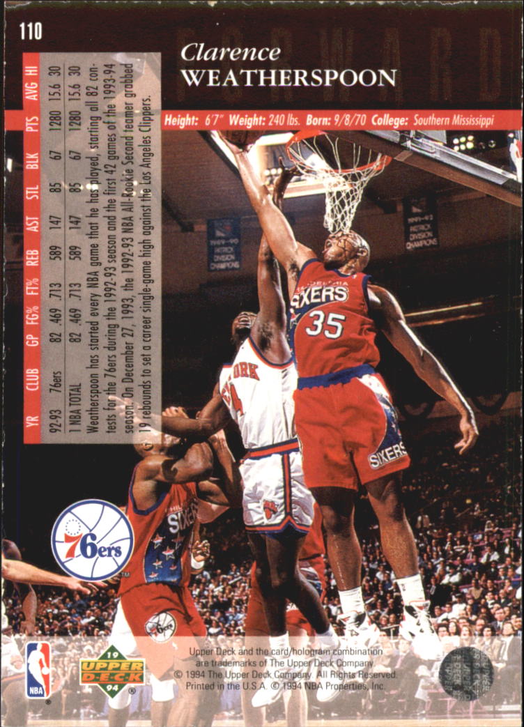 1993-94 Upper Deck SE Electric Court #110 Clarence Weatherspoon back image