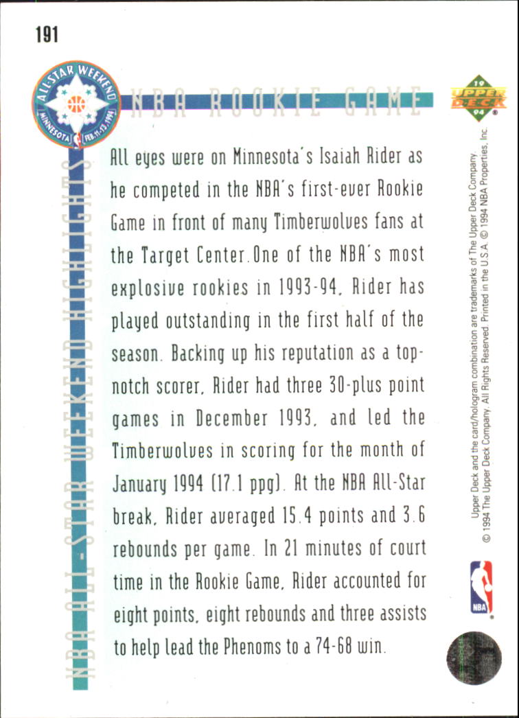 1993-94 Upper Deck SE Electric Court #191 Isaiah Rider ASW back image