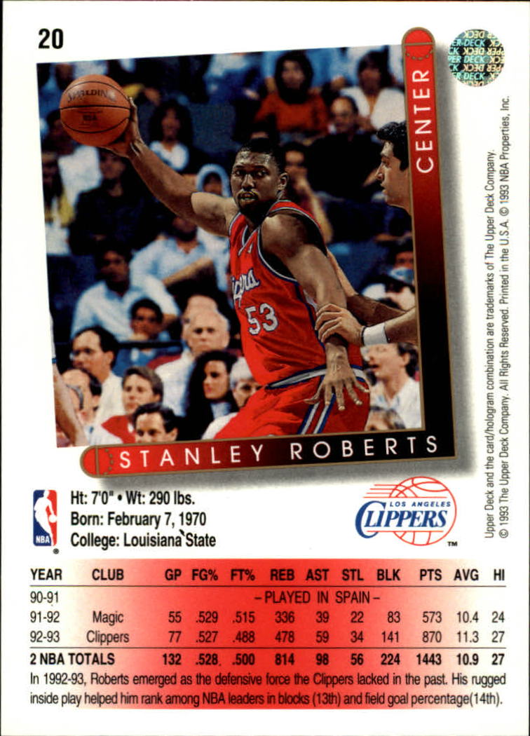 1993-94 Upper Deck #20 Stanley Roberts back image