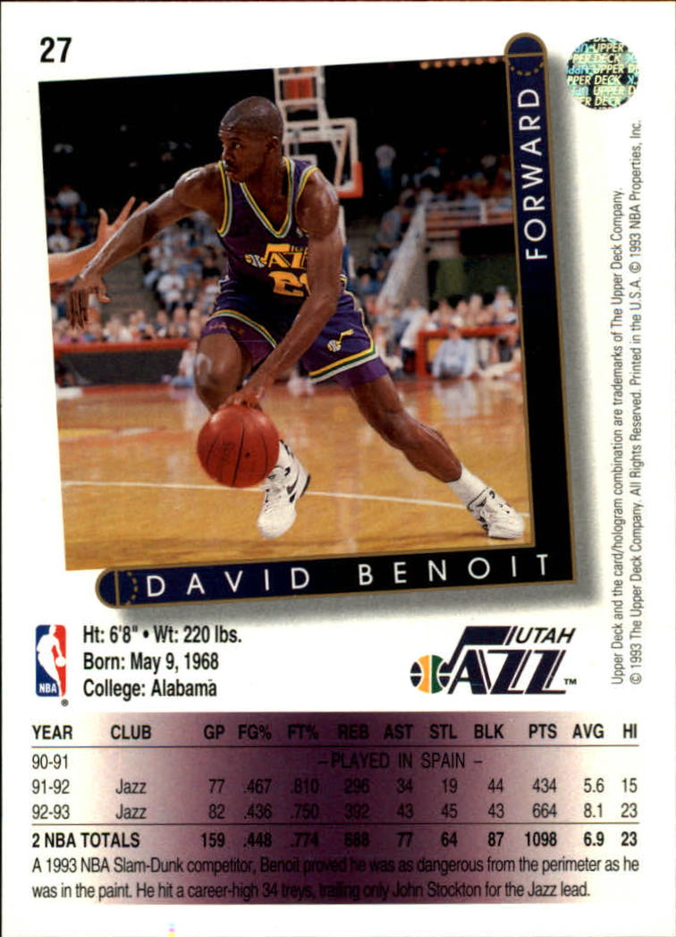 1993-94 Upper Deck #27 David Benoit back image