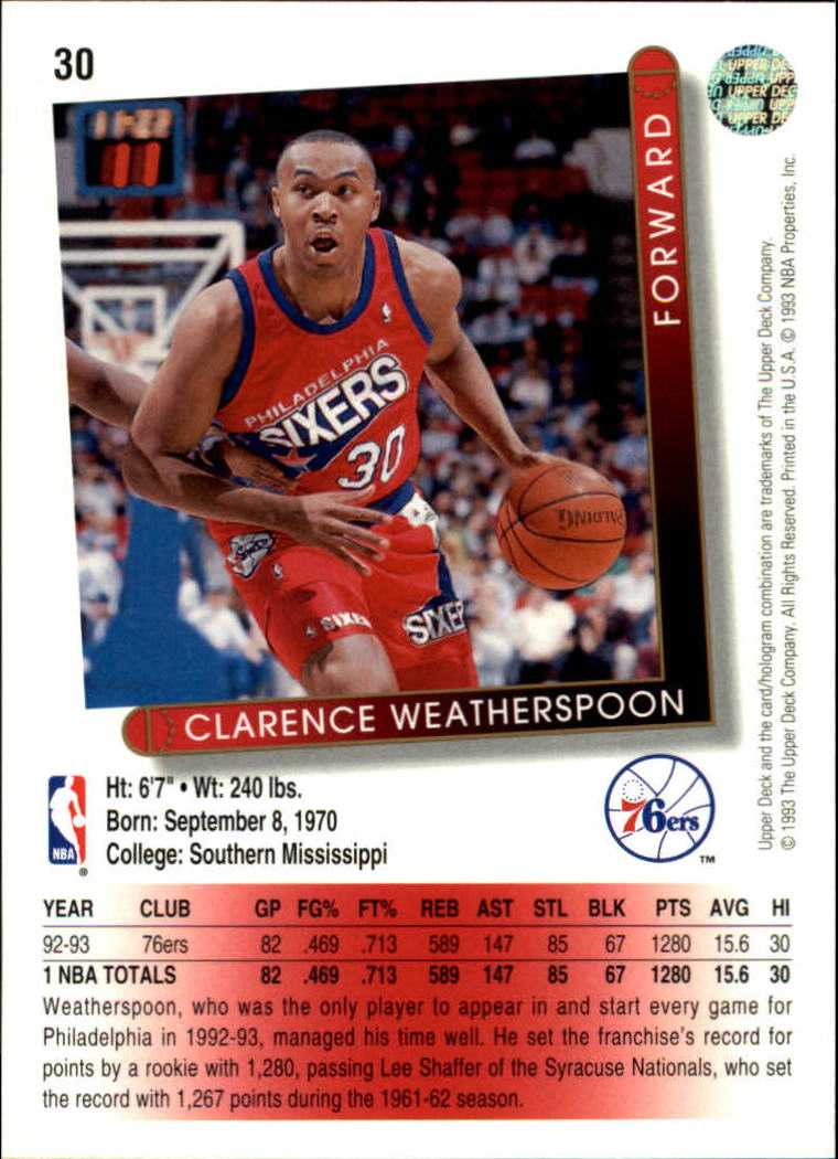 1993-94 Upper Deck #30 Clarence Weatherspoon back image