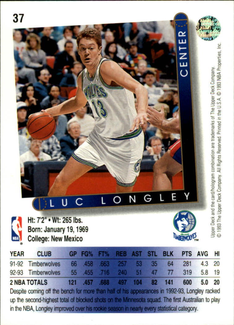 1993-94 Upper Deck #37 Luc Longley back image