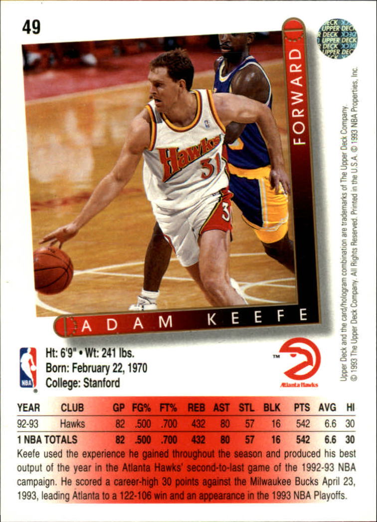 1993-94 Upper Deck #49 Adam Keefe back image