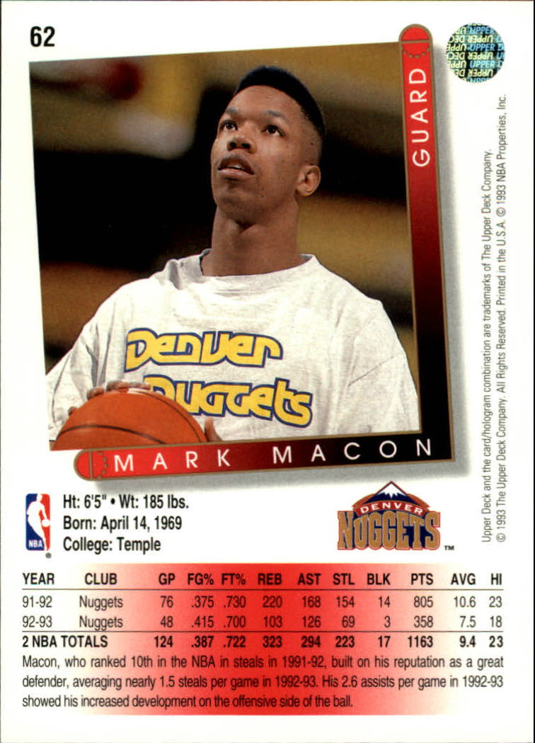 1993-94 Upper Deck #62 Mark Macon back image