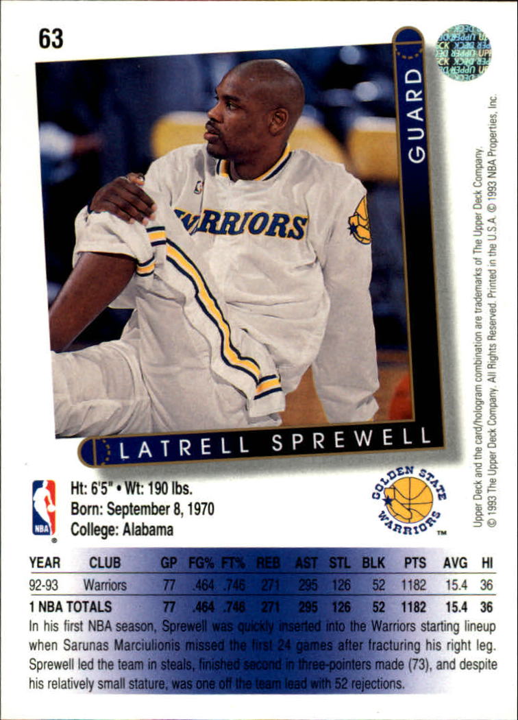 1993-94 Upper Deck #63 Latrell Sprewell back image