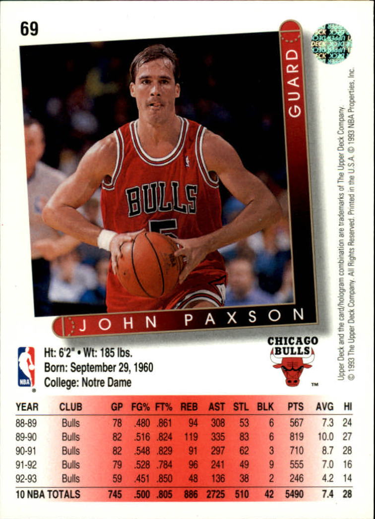 1993-94 Upper Deck #69 John Paxson back image
