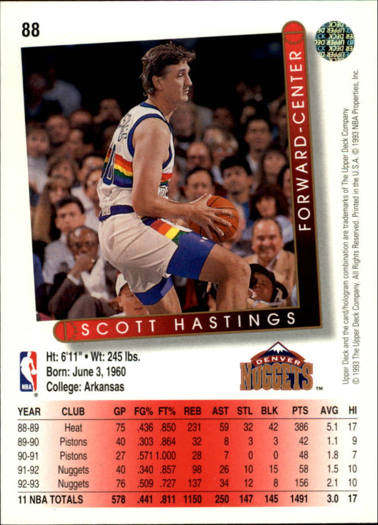 1993-94 Upper Deck #88 Scott Hastings back image