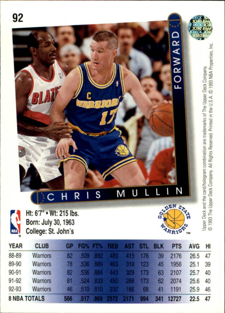 1993-94 Upper Deck #92 Chris Mullin back image