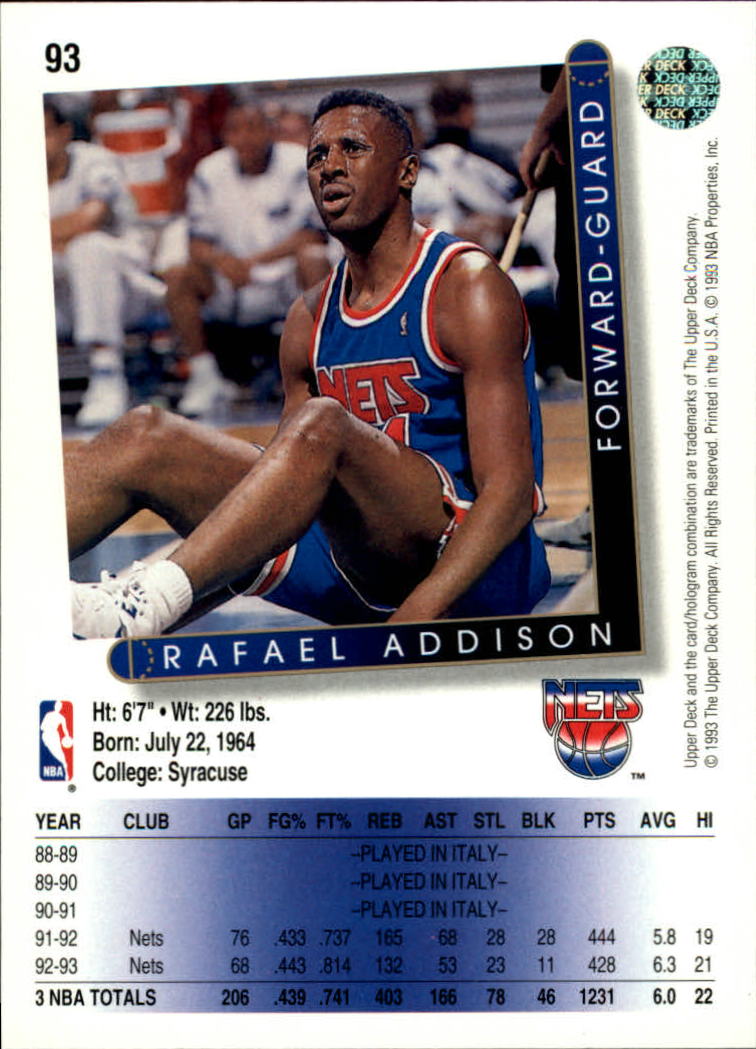 1993-94 Upper Deck #93 Rafael Addison back image