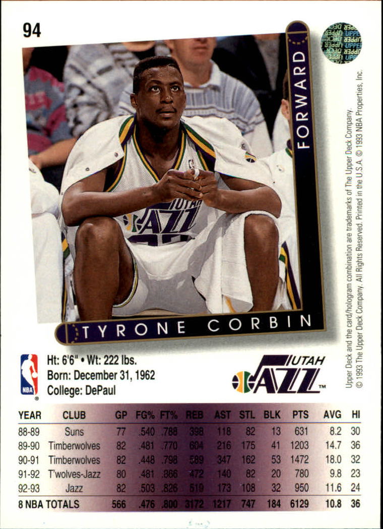 1993-94 Upper Deck #94 Tyrone Corbin back image