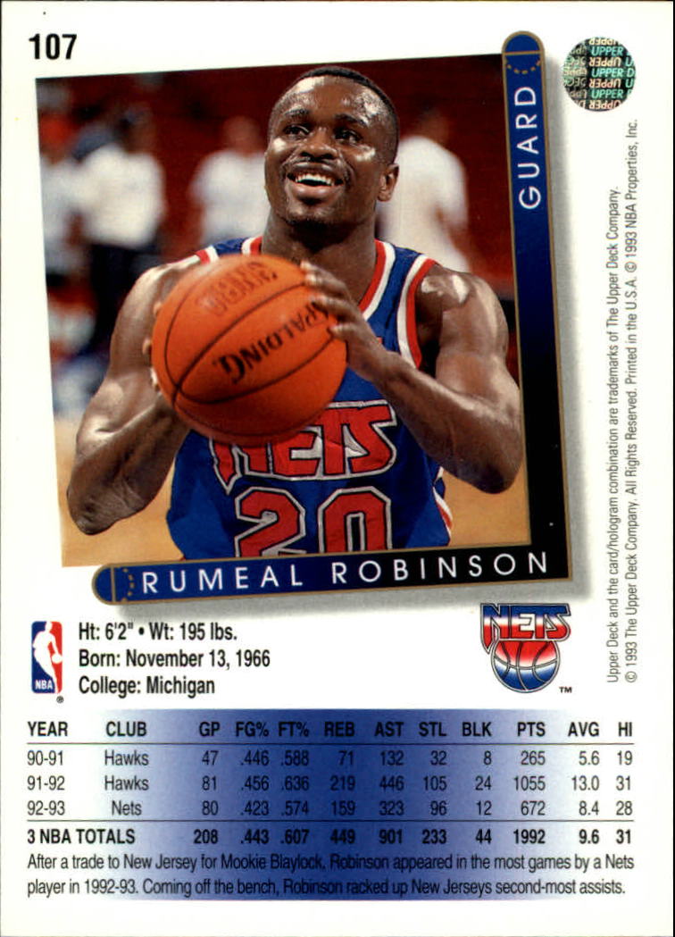 1993-94 Upper Deck #107 Rumeal Robinson back image