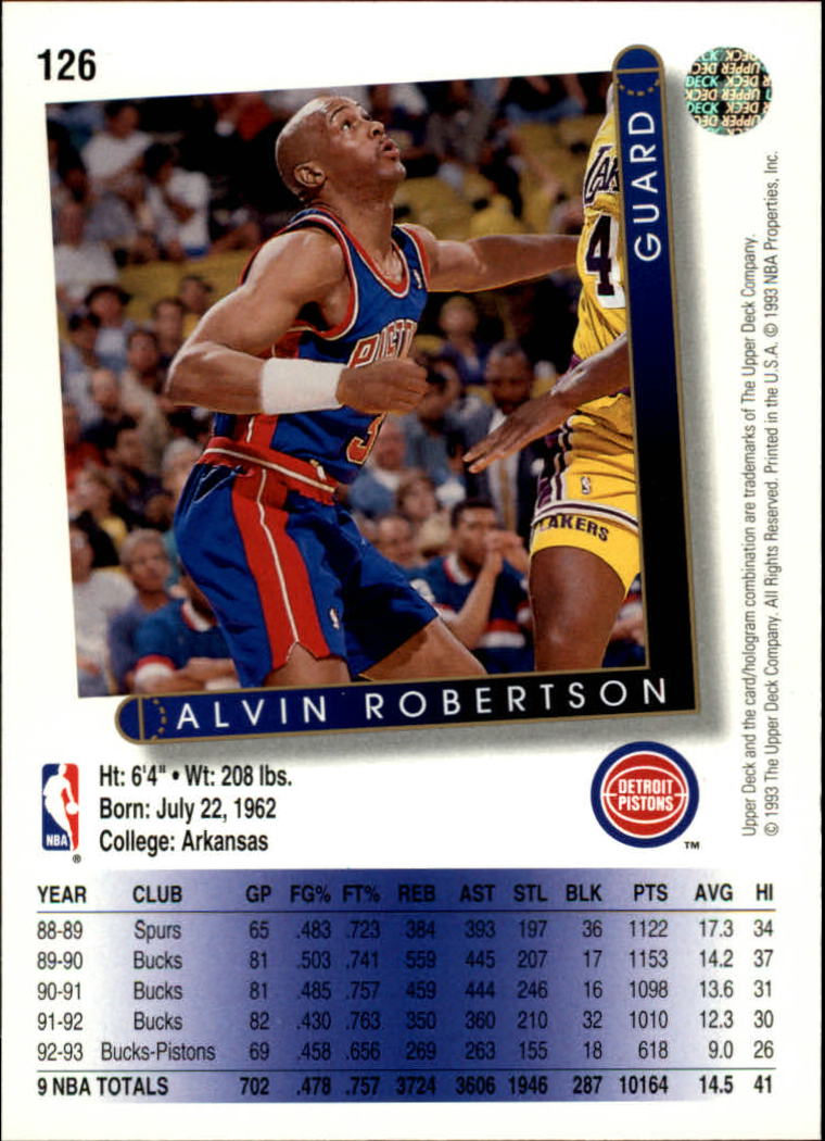 1993-94 Upper Deck #126 Alvin Robertson back image