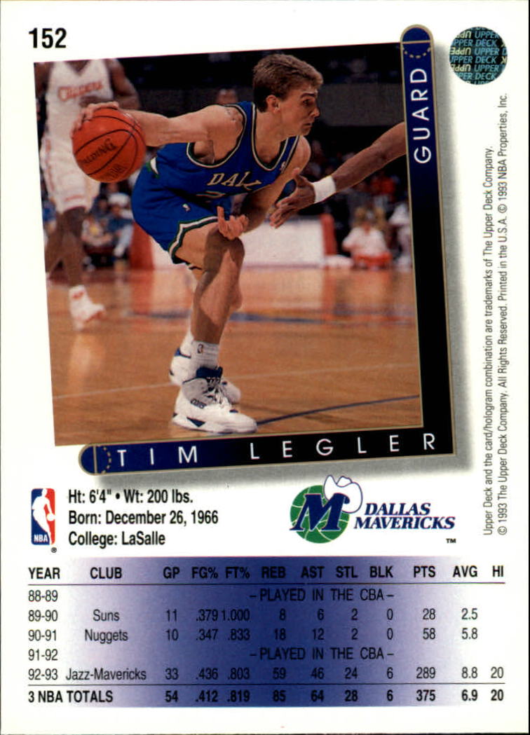1993-94 Upper Deck #152 Tim Legler RC back image